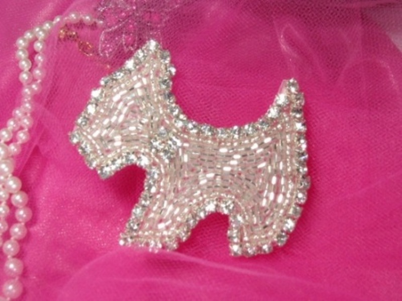 0328  Silver Rhinestone Scottish Terrier Scotty Dog  Beaded Applique 2.75"