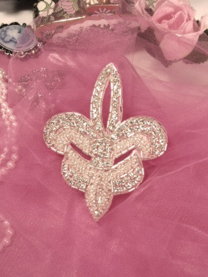 0329  Silver Rhinestone Fleur De Leis Sequin Beaded Applique 4"