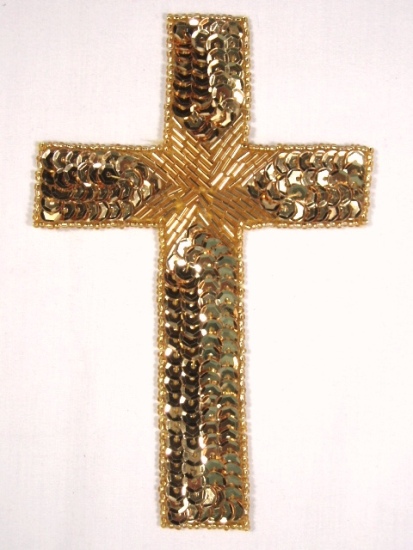0330  GOLD CROSS RELIGIOUS SEQUIN BEADED APPLIQUE 6"