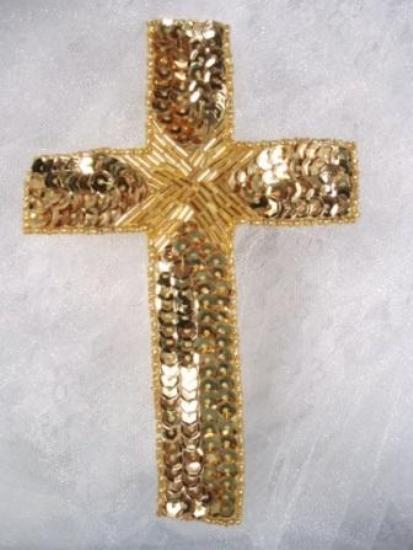 0330  GOLD CROSS RELIGIOUS SEQUIN BEADED APPLIQUE 6"