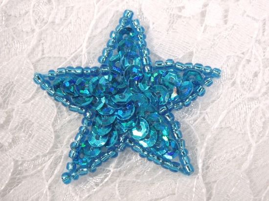 0333 Turquoise Holographic Star Sequin Beaded Applique 1.5"