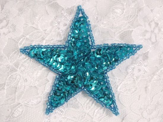 0112  Turquoise Star Sequin Beaded Applique 2.5"