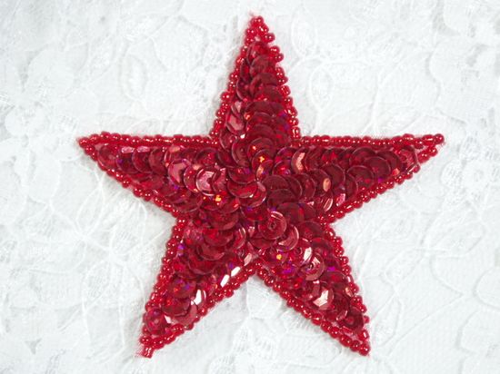 0334  Red Holographic Star Sequin Beaded Applique 2.5"