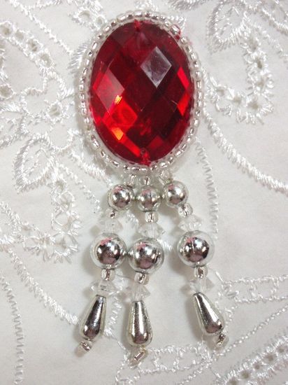 0341 Red Silver Jewel Dangle Beaded Applique 3"