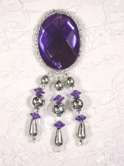 0341 Purple Silver Jewel Dangle Beaded Applique 3"