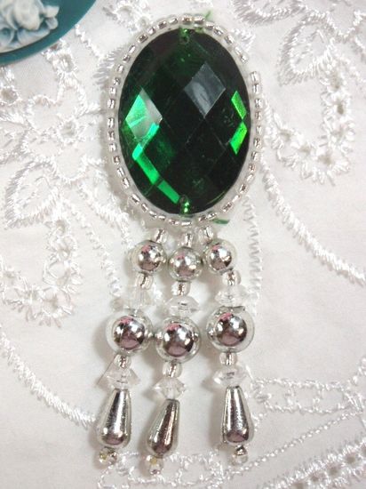 0341 Green Silver Jewel Dangle Beaded Applique 3"