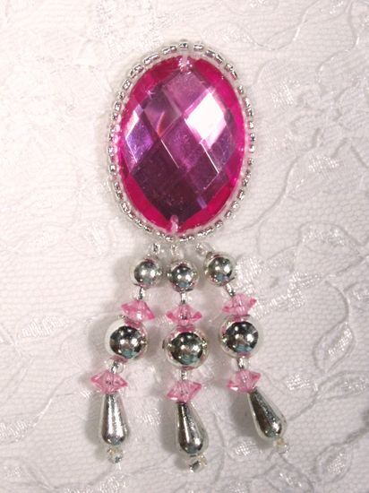 0341 Hot Pink & Silver Jewel Dangle Beaded Applique 3"