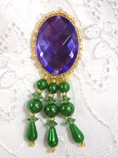 0341 Purple Green Jewel Dangle Beaded Applique 3"