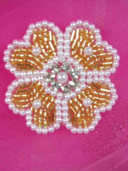 0343 Gold Pearl Beaded Rhinestone Beaded Applique 2"