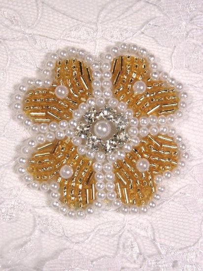 0343 Gold Pearl Beaded Rhinestone Beaded Applique 2"