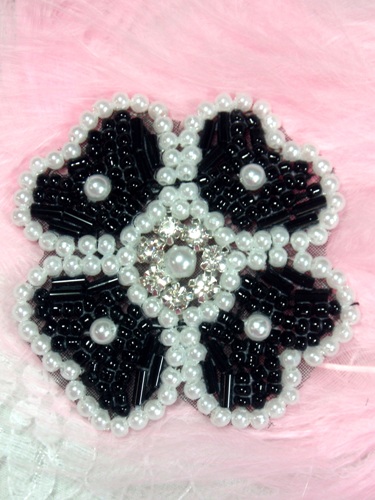 0343 Black Pearl Beaded Rhinestone Beaded Applique 2"