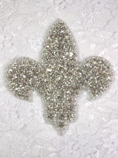 0344  Fleur de Leis Genuine Rhinestone Beaded Applique 3"