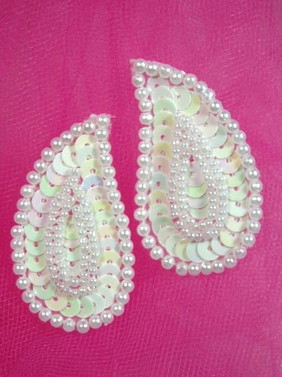 0345  White AB Paisley  Mirror Pair Sequin Beaded Applique 2"