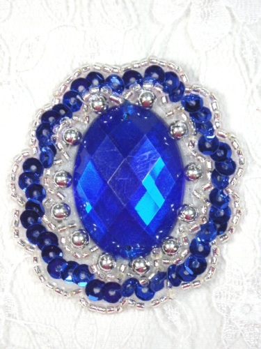 0346  Blue Silver Jewel Sequin Beaded Applique 2"