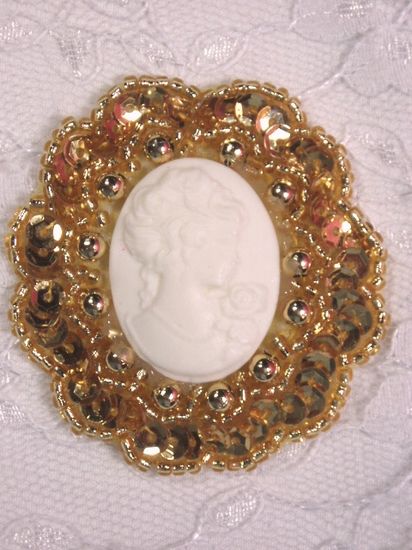 0347  Gold / Ivory Victorian Cameo Sequin Beaded Applique Brooch 2"