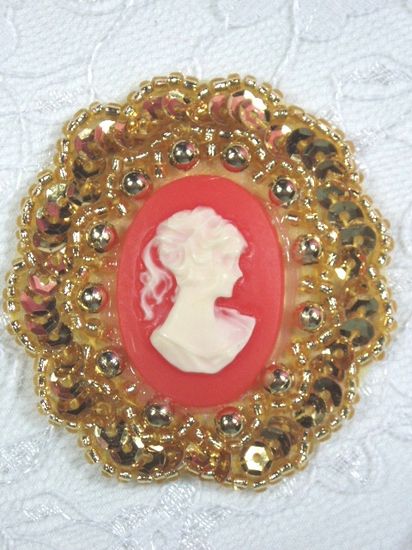 0347  Gold / Orange Victorian Cameo Sequin Beaded Applique Brooch 2"
