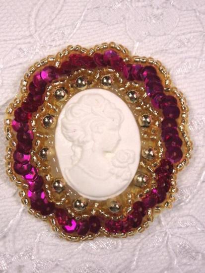 0347  Fuchsia Gold / Ivory Victorian Cameo Sequin Beaded Applique Brooch  2"