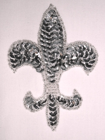 0321  Silver Fleur De Lis Sequin Beaded Applique 4"