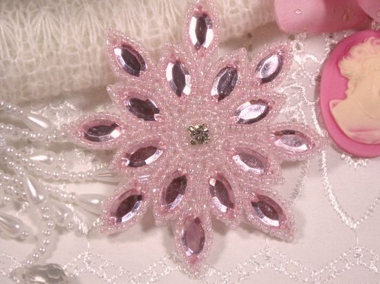 0348 Pink  Snowflake Jewel Rhinestone Beaded  Applique 3"
