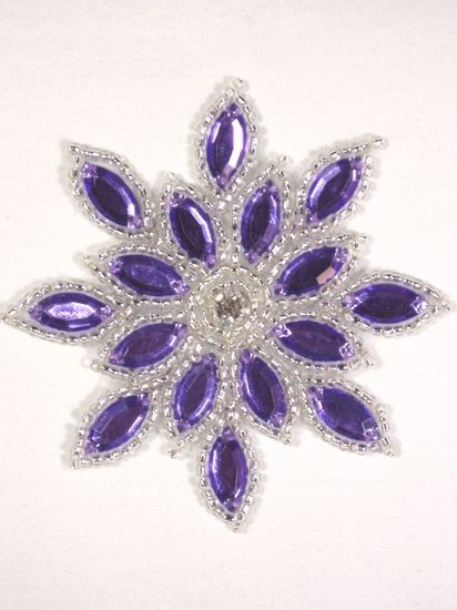 0348  Purple / Silver Snowflake Jewel Beaded Applique 3"