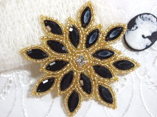 0348  Black / Gold Snowflake Jewel Beaded Applique 3"