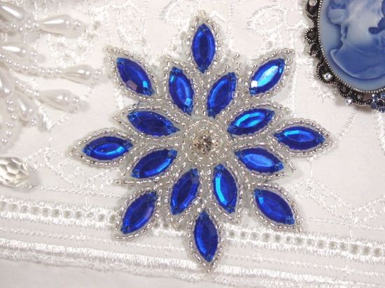 0348  Blue / Silver Snowflake Jewel Beaded Applique 3"