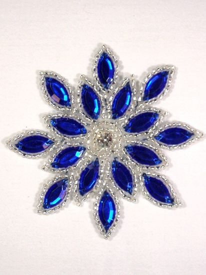 0348  Blue / Silver Snowflake Jewel Beaded Applique 3"