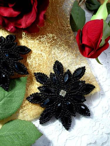 0348  Black Snowflake Jewel Beaded Applique 3"