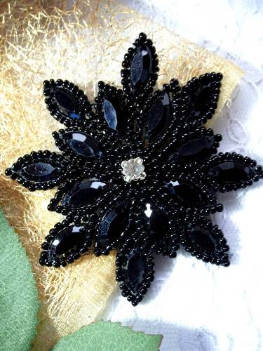 0348  Black Snowflake Jewel Beaded Applique 3"