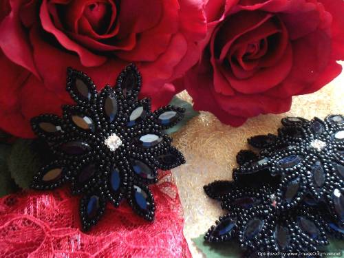 0348  Black Snowflake Jewel Beaded Applique 3"