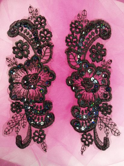 0350  Black Iris Venice Lace Mirror Pair Sequin Beaded Appliques 7"