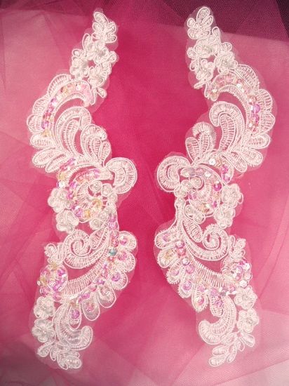 0351  White Venice Lace Sequin Beaded Applique 9"