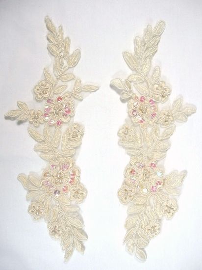 0353  Ivory Venice Lace Mirror pair Sequin Beaded Appliques 9"