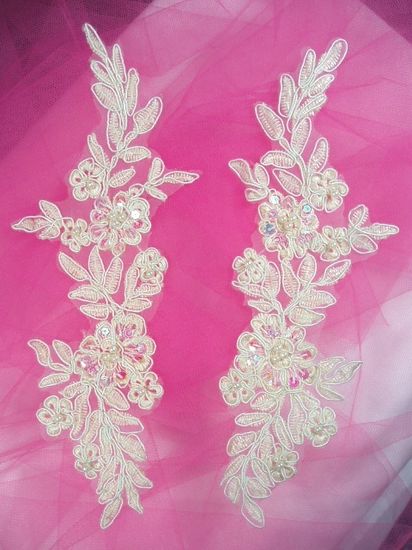 0353  Ivory Venice Lace Mirror pair Sequin Beaded Appliques 9"