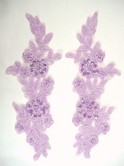 0353  Lavender Venice Lace Mirror Pair Sequin Beaded Appliques 9"