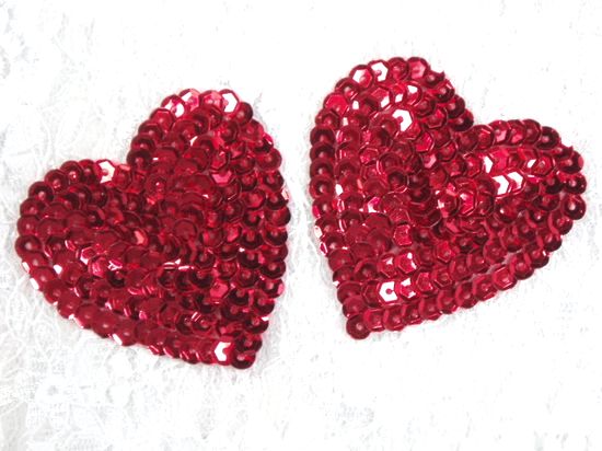 0360  Set of 2 Red Heart  Sequin Appliques 2-1/8"