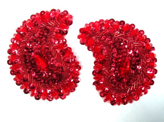 0361  Red Paisley Mirror Pair Beaded Sequin Applique 3.25"
