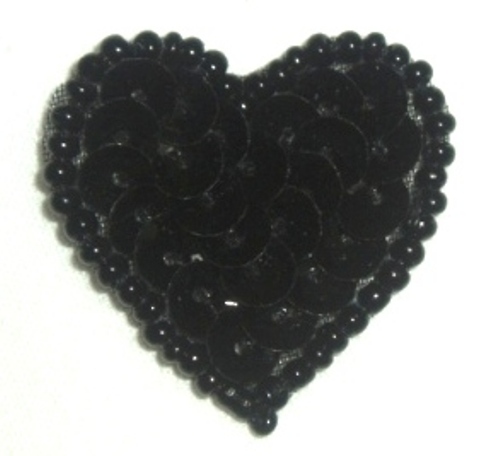 0362  Black Heart Beaded Sequin Applique 1" +