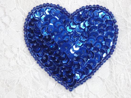 0363  Royal Blue Heart Beaded Sequin Applique 2"