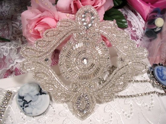 0364  Silver Beaded  Rhinestone Applique 6"