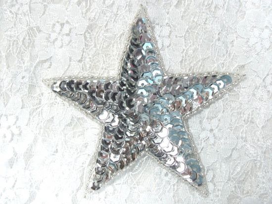 0365  Silver Star Beaded Sequin Applique  4"