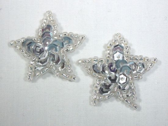 0366  Set of ( 2 ) Silver Star Beaded Sequin Appliques 1"