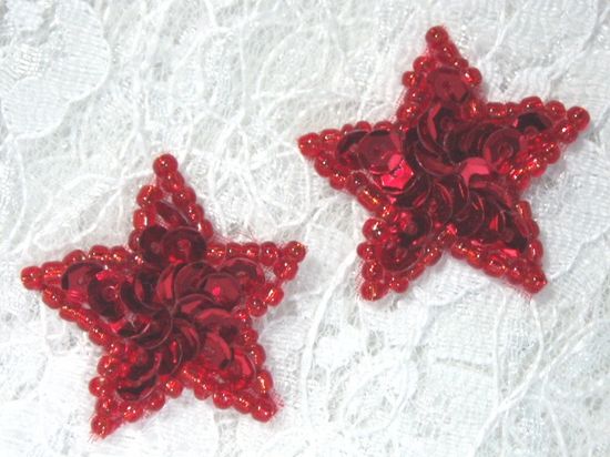 0366  Set of ( 2 ) Red Star Beaded Sequin Appliques 1"
