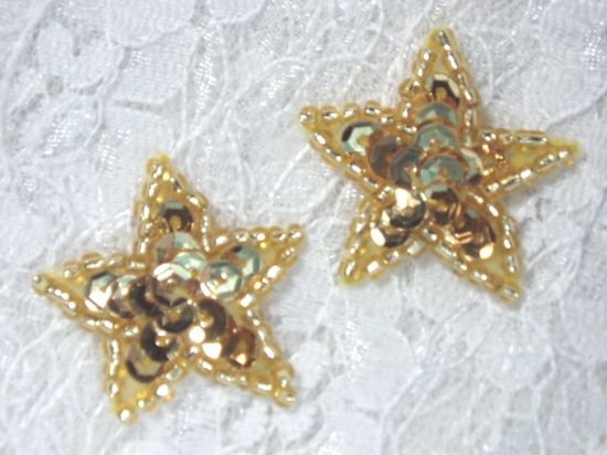 0366  Set of ( 2 ) Gold Star Beaded Sequin Appliques 1"