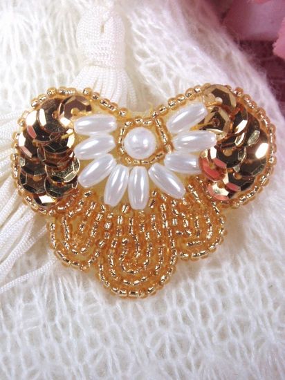 0368 Gold & Pearl Heart Sequin Beaded Applique 2"