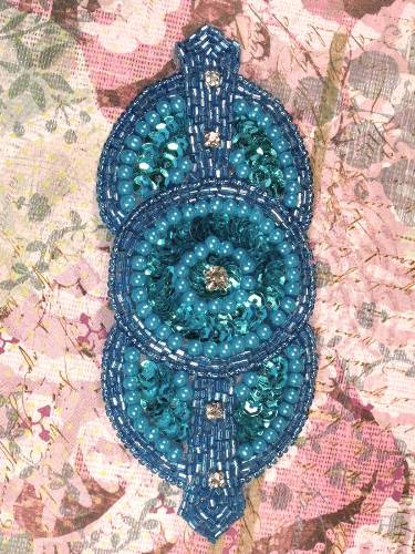 0391 Turquoise Rhinestone Triple Circle  Sequin Beaded Applique  5.5"