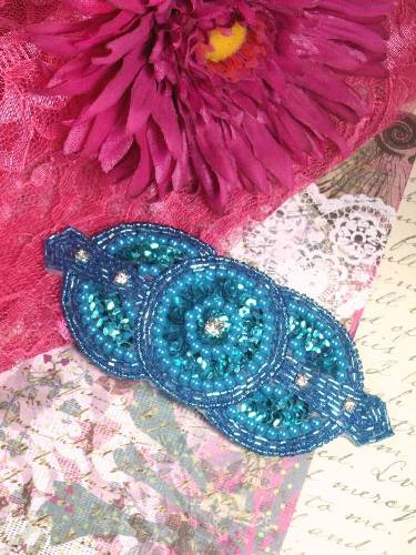 0391 Turquoise Rhinestone Triple Circle  Sequin Beaded Applique  5.5"