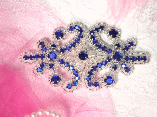 0373  Blue Jewel Silver Beaded Applique 4"
