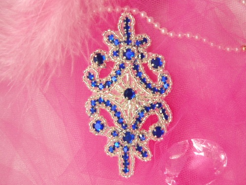 0373  Blue Jewel Silver Beaded Applique 4"
