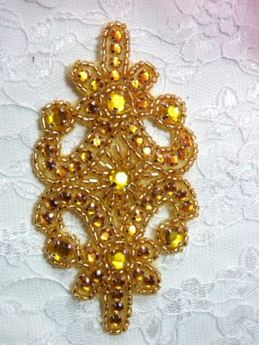0373  Gold Jewel Beaded Applique 4"